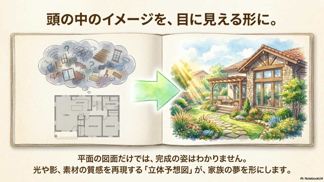 平面の図面だけではわからない完成の姿を、光や影、素材の質感を再現して目に見える形にする立体予想図