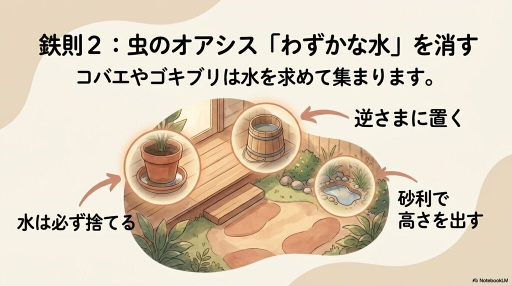放置された段ボールや落ち葉など、庭にある虫の隠れ家を徹底的になくす
