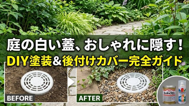庭の植物や砂利の中に目立つ白いプラスチック製の雨水枡（排水枡）の蓋を、DIYでの塗装や人工芝、砂利、またはおしゃれなデザインの後付けメーカー製品で目立たなく隠す方法を解説するブログ記事のサムネイル画像。キャッチコピーは「庭の白い蓋、おしゃれに隠す！ DIY塗装＆後付けカバー 完全ガイド」。右下には塗装DIYに必要なミッチャクロンとスプレー缶のイラストも配置。