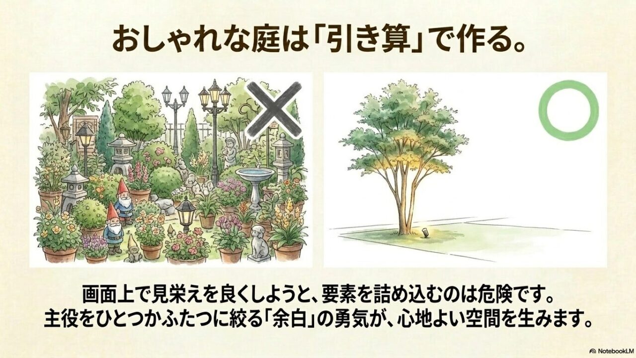 要素を詰め込みすぎた庭と、主役を絞って余白を残した心地よい庭の比較