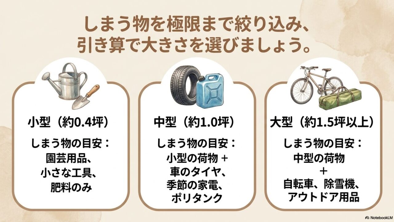 園芸用品などをしまう小型、タイヤや季節家電をしまう中型、自転車やアウトドア用品をしまう大型など、しまう物を極限まで絞り込むサイズの目安