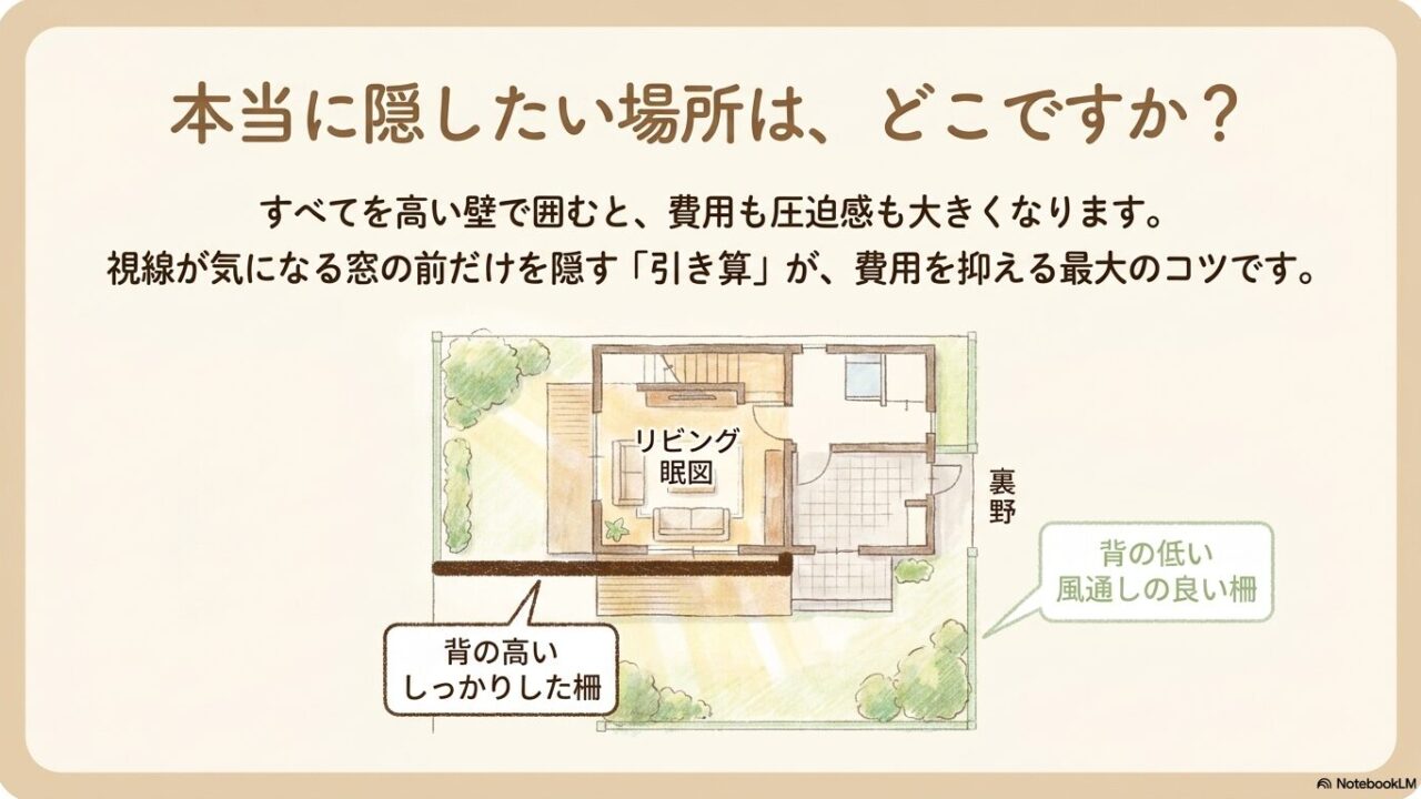 視線が気になるリビングの窓の前だけ高い柵を設置する引き算の工夫の図解