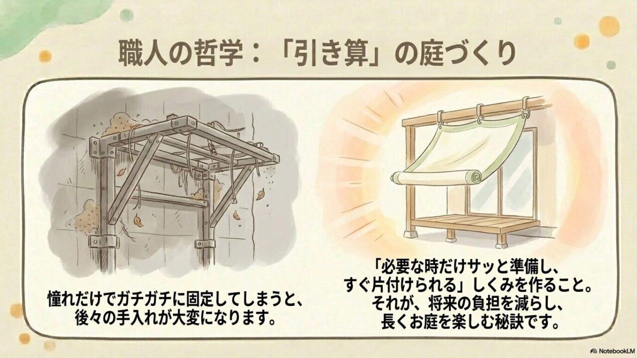 必要な時だけ準備しすぐ片付けられる、将来の負担を減らす引き算の庭づくりの哲学