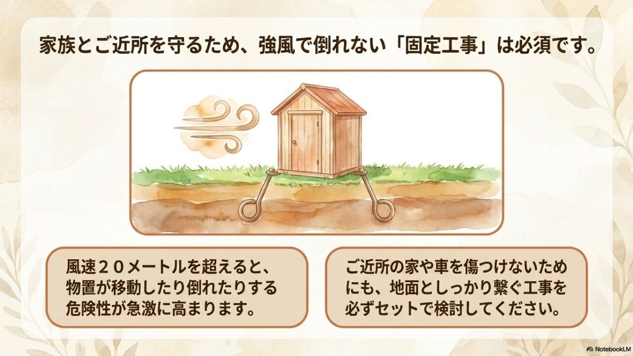 風速20メートルを超える強風で物置が移動したり倒れたりするのを防ぐため、地面としっかり繋いで家族とご近所を守る固定工事のイラスト