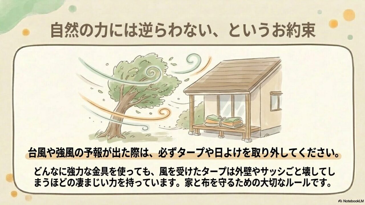台風や強風時には家と布を守るために日よけを取り外すというお約束のイラスト