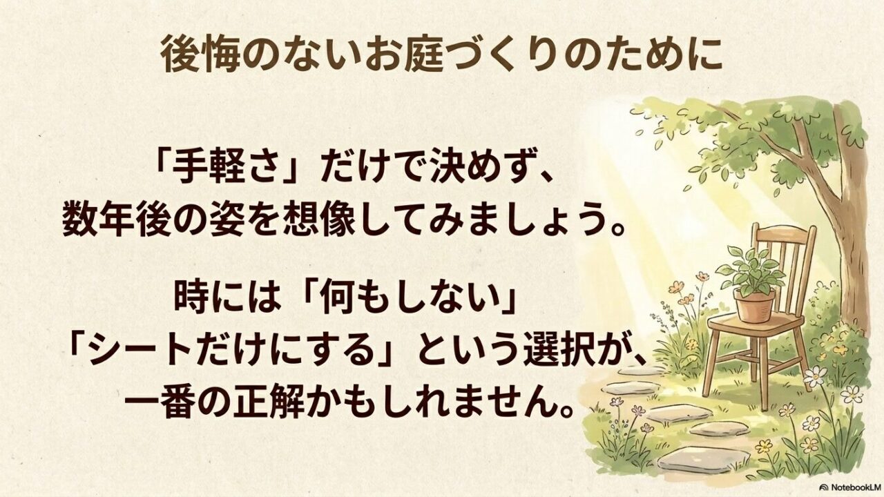 手軽さだけで決めず数年後の姿を想像し、時には防草シートだけにする選択を勧めるメッセージ
