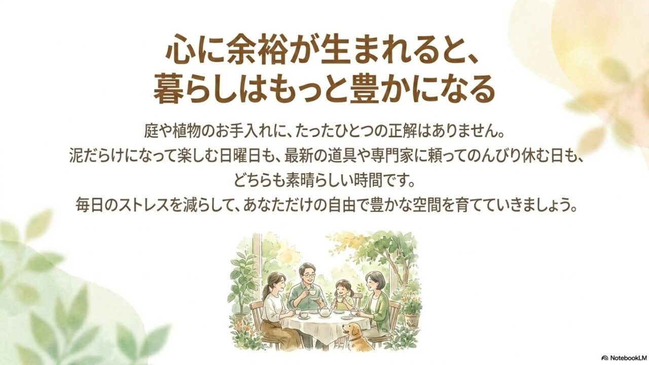 庭でティータイムを楽しむ家族と犬のイラスト。心に余裕が生まれると、暮らしはもっと豊かになるというメッセージとともに、無理をせず自由で豊かな空間を育てることを提案しています。