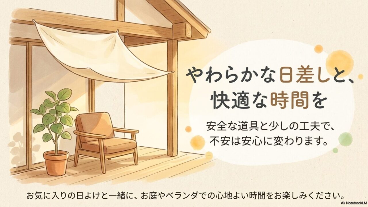 やわらかな日差しの下、お庭やベランダで快適な時間を過ごすイメージイラスト