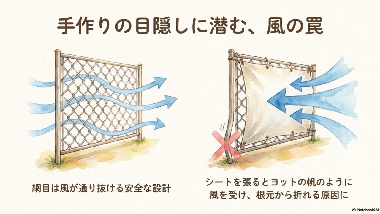 風が通り抜ける網目フェンスにシートを張ることで、ヨットの帆のように風を受け根元から折れる倒壊リスクのイラスト