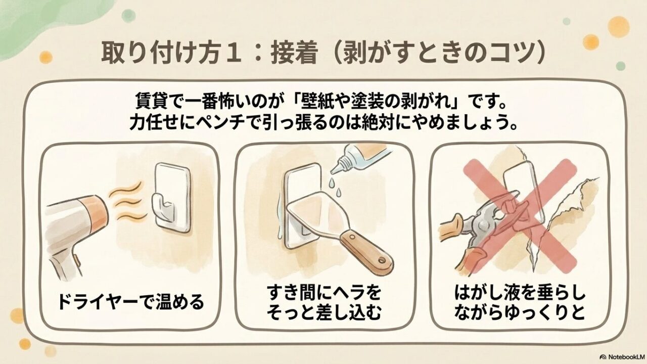 ドライヤーで温め、すき間にヘラを差し込み、はがし液でゆっくり接着金具を剥がす手順