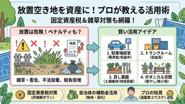 空き地の活用方法を解説する記事。駐車場経営、貸し農園、固定資産税対策について解説するユウスケのボタニカルライフ・土地活用ガイド