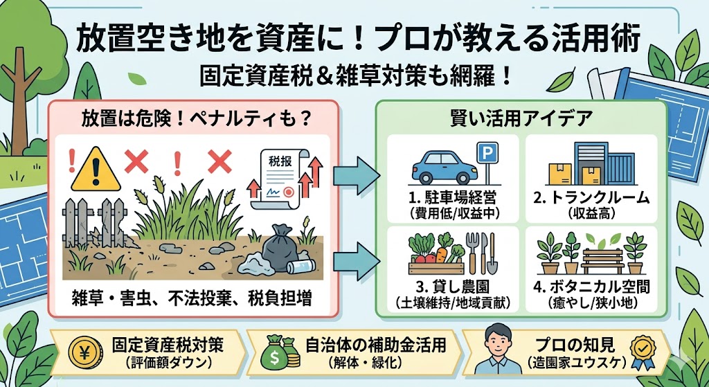 空き地の活用方法を解説する記事。駐車場経営、貸し農園、固定資産税対策について解説するユウスケのボタニカルライフ・土地活用ガイド