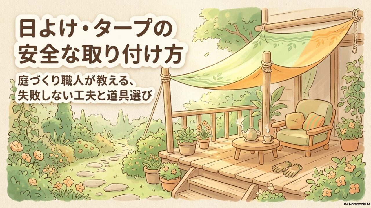 庭づくり職人が教える、日よけとタープの安全な取り付け方と道具選びの表紙スライド
