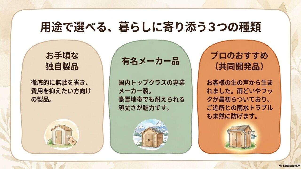 お手頃な独自製品、頑丈な有名メーカー品、雨どいなどが最初からついているプロのおすすめ共同開発品という3つの種類の比較