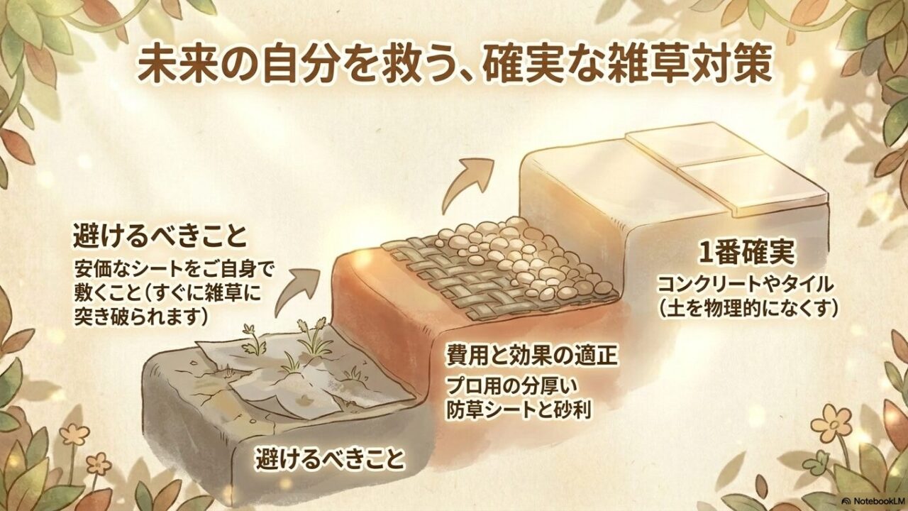安価な防草シートのDIYを避けるべき理由と、プロ用の分厚いシートやコンクリート舗装を選ぶべき理由の解説