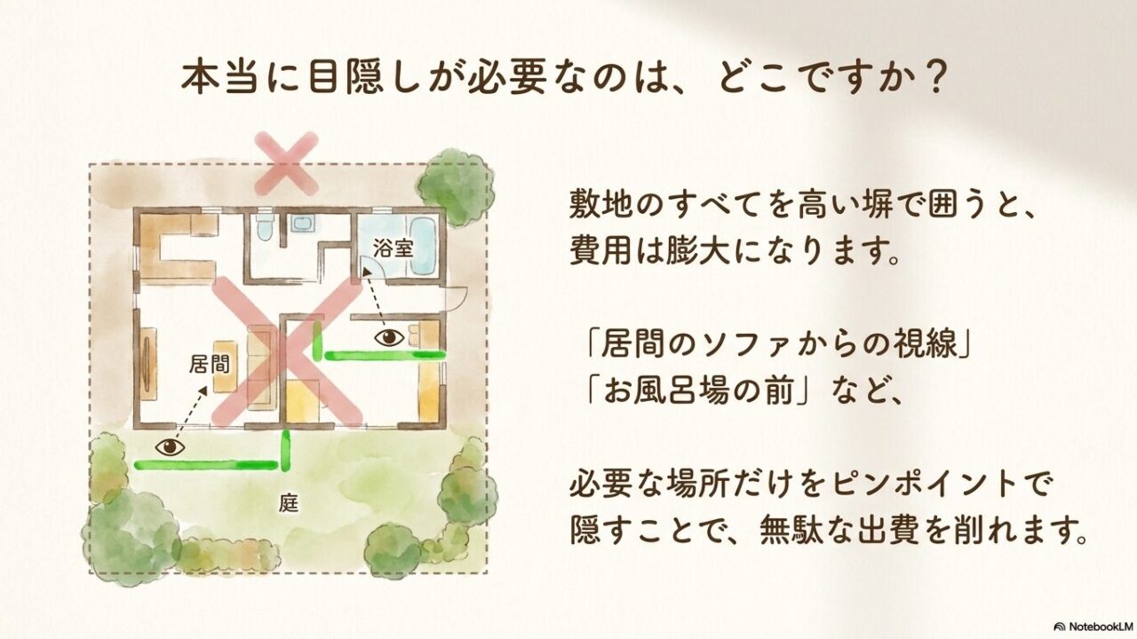 敷地すべてを囲うのではなく、居間や浴室など必要な場所だけをピンポイントで隠すことで無駄な出費を削るゾーニングの図解