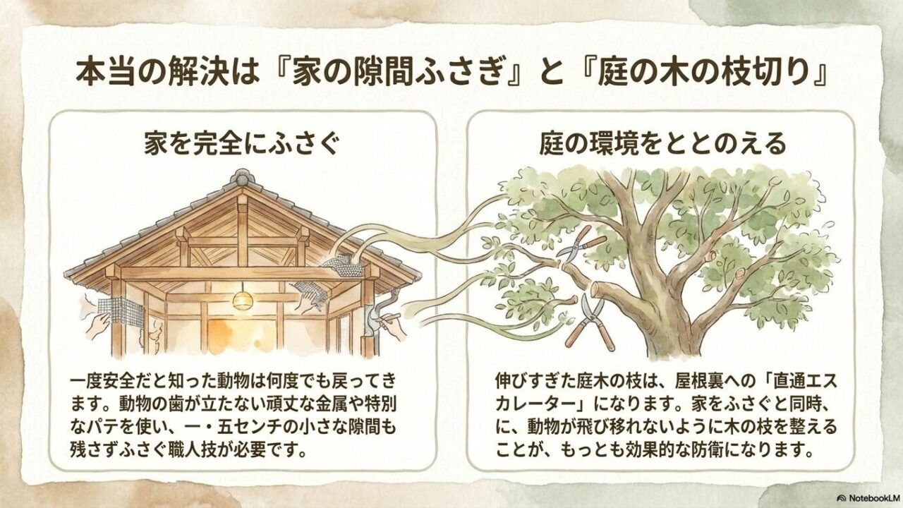 害獣の再発を防ぐための根本的な解決策として、頑丈な素材での家の隙間封鎖と、屋根への侵入経路となる庭木の剪定の重要性を解説したスライド