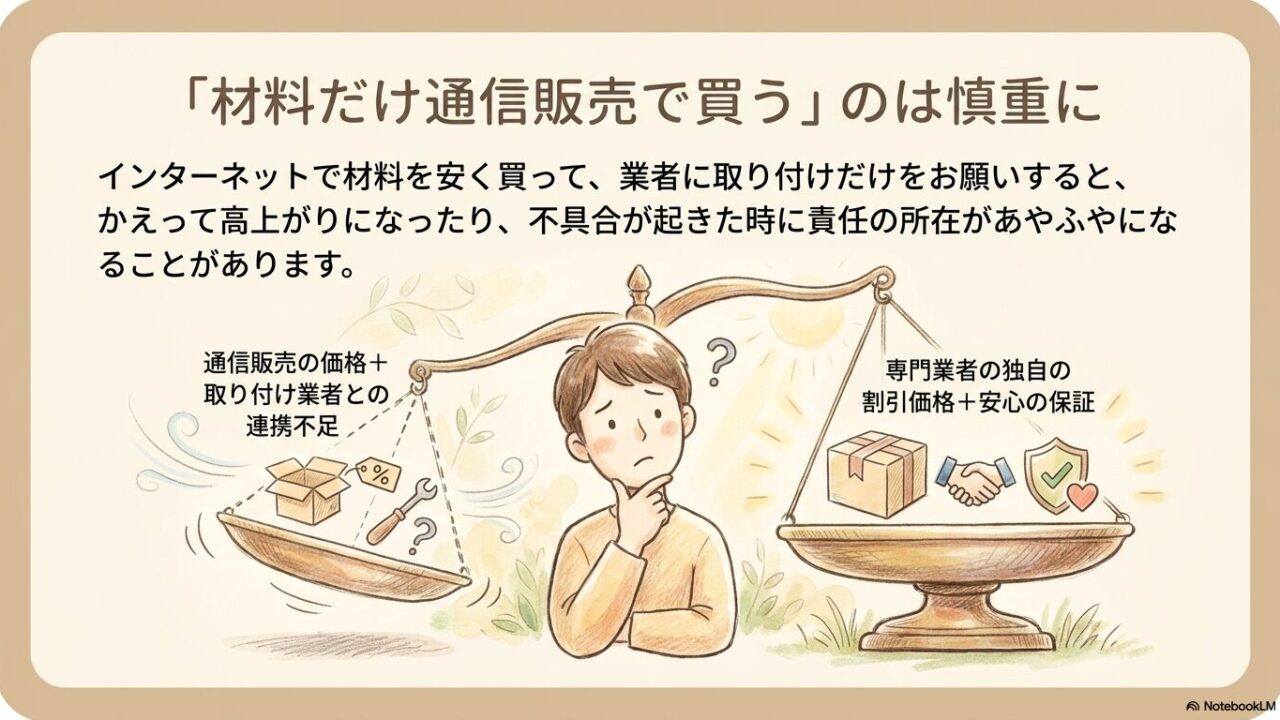 ネット通販で材料を買うと業者との連携不足で高上がりになるリスクの図解