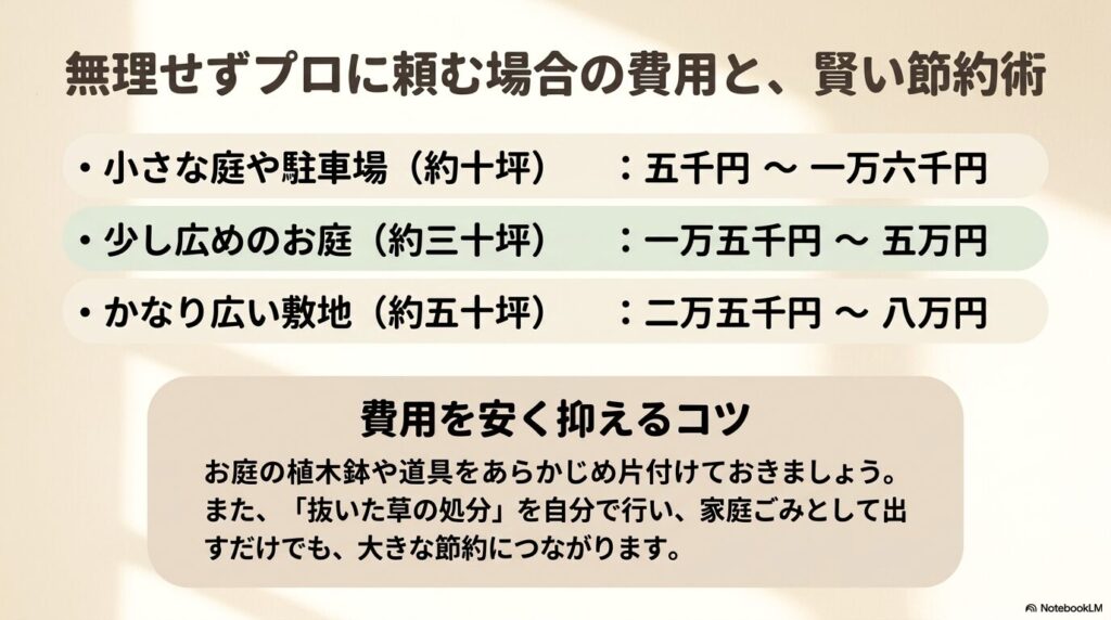 庭の広さ別の雑草駆除費用目安と、事前の片付けや抜いた草の自己処分による費用の節約術