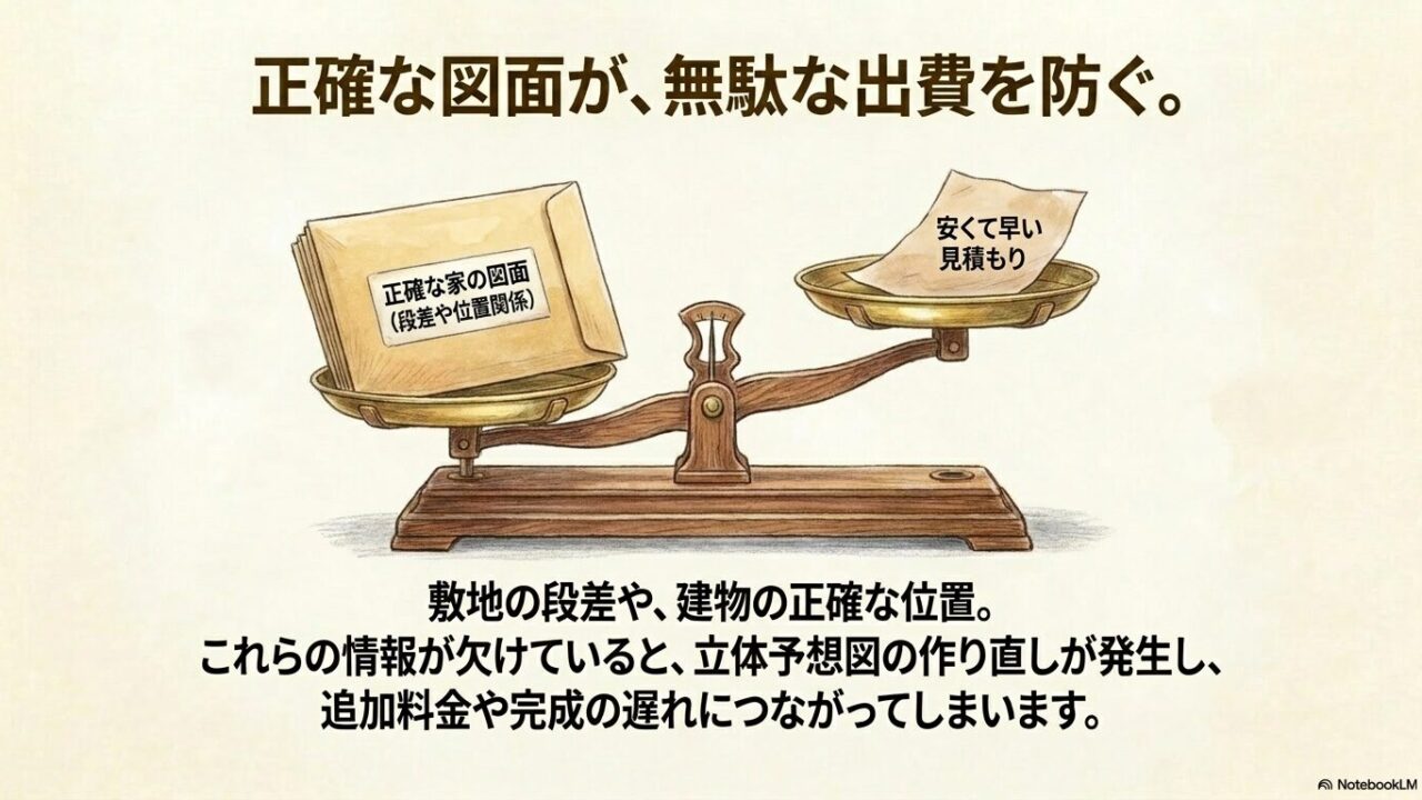 正確な家の図面と安くて早い見積もりを天秤にかけ、図面不足による追加料金や遅れのリスクを伝えるイラスト