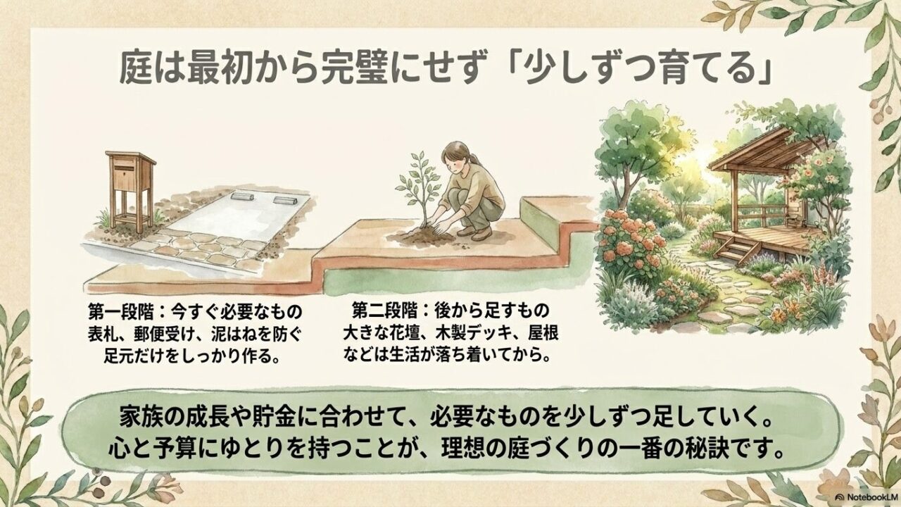 最初に必要最低限の工事を行い、後から徐々に好みの設備を足していく「育てる庭」の計画スライド