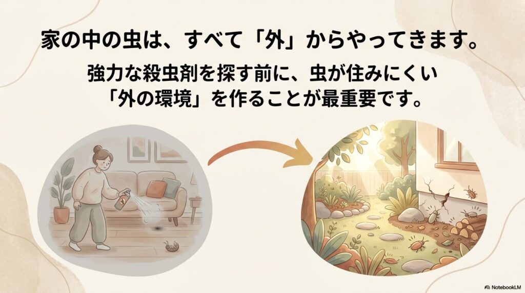 家の中の虫はすべて外からやってくるため、殺虫剤より外の環境づくりが最重要