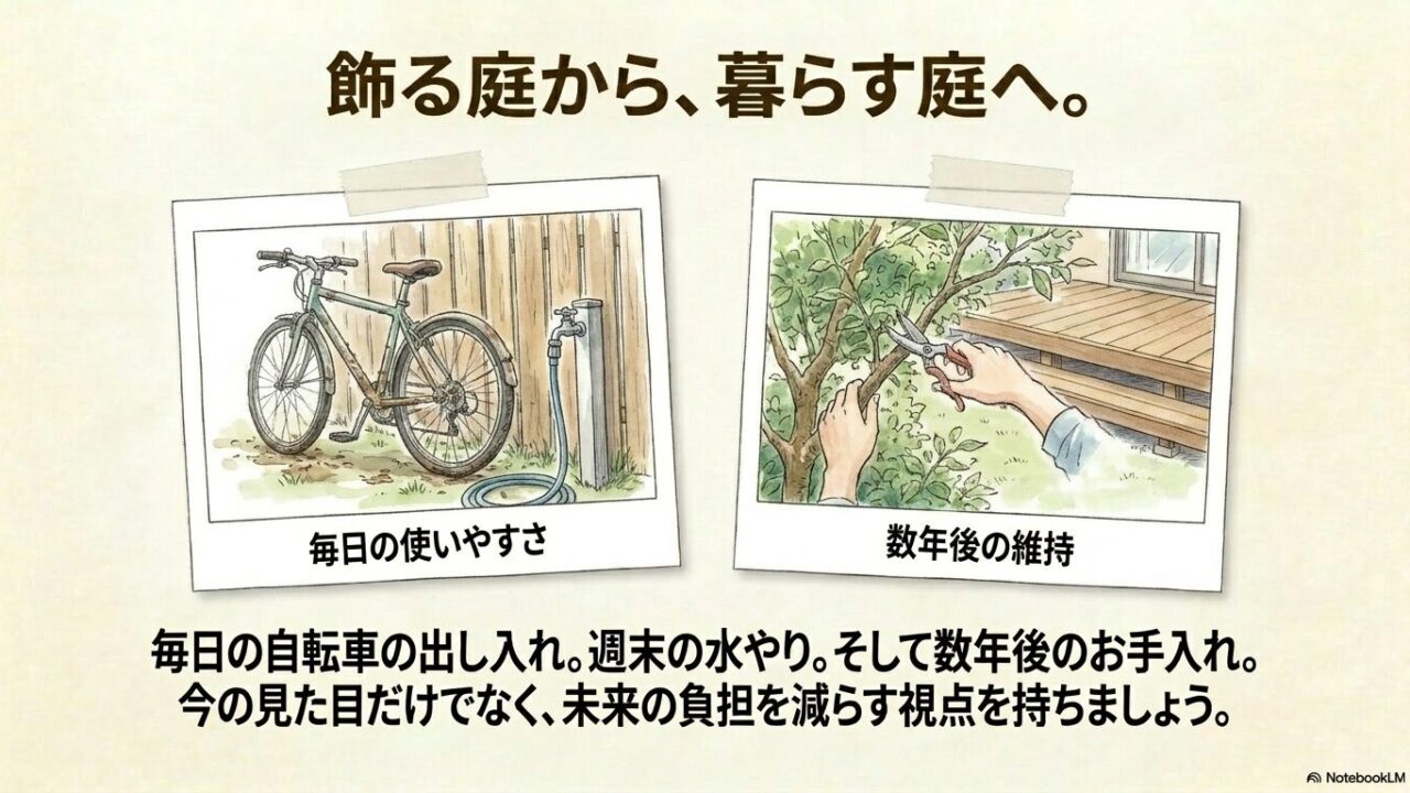 自転車の出し入れや立水栓の配置、数年後の維持を考慮した実用的な庭づくり