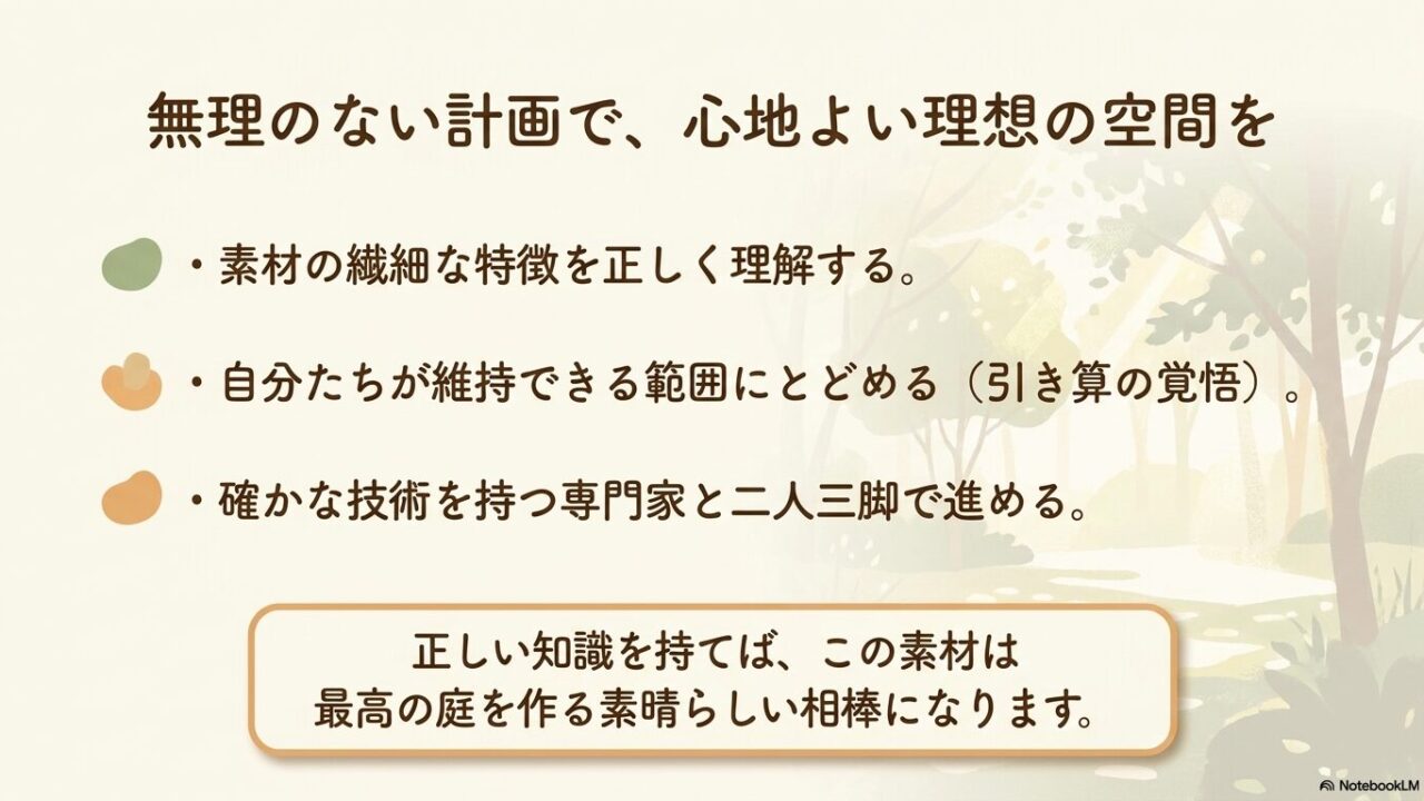 素材の特徴を理解し引き算の覚悟を持つなど、後悔しない庭作りのまとめ