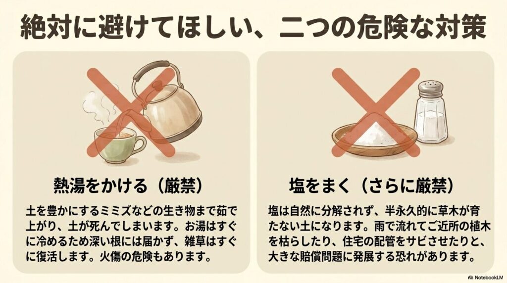 熱湯や塩をまく雑草対策は、土壌環境の破壊や深刻な塩害を引き起こすため絶対に避けるべき理由