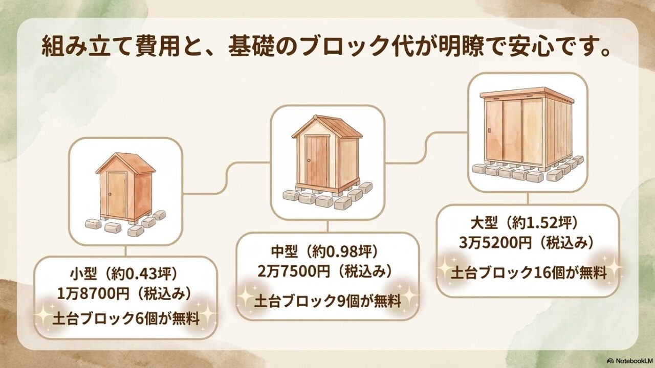 明瞭で安心な物置の組み立て費用と、小型、中型、大型それぞれのサイズで無料になる基礎土台ブロック数の目安