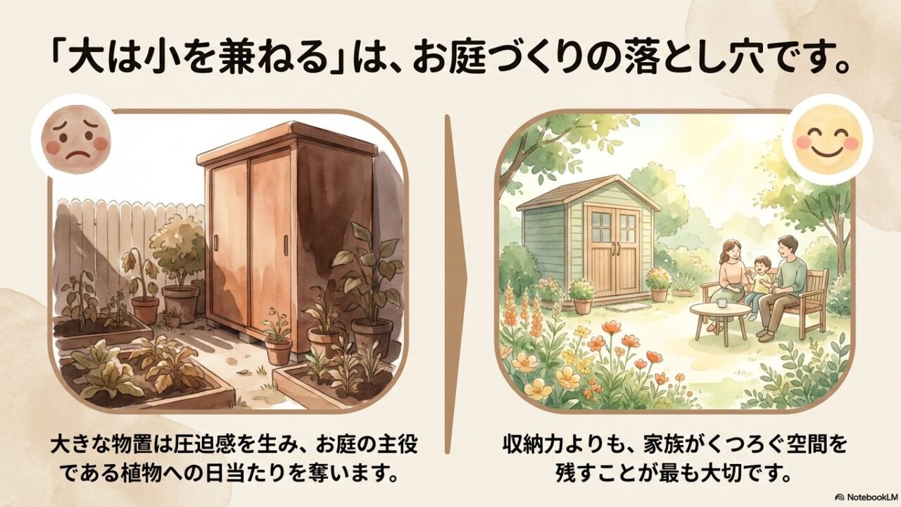 大きすぎる物置が植物への日当たりを奪って圧迫感を生む様子と、収納力を絞って家族がくつろぐ空間を残したお庭の比較イラスト