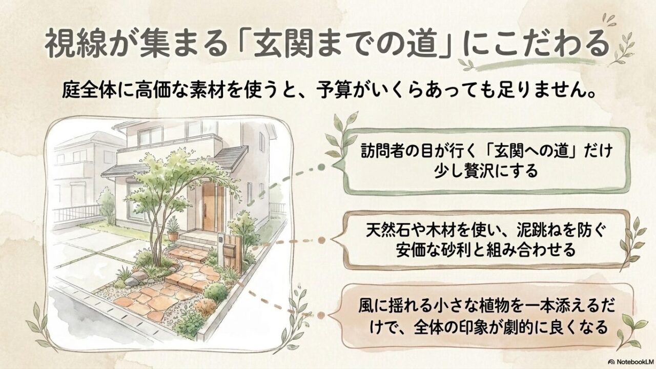 視線が集まる玄関アプローチに予算を集中させ、天然石や植物でおしゃれに見せる工夫のスライド