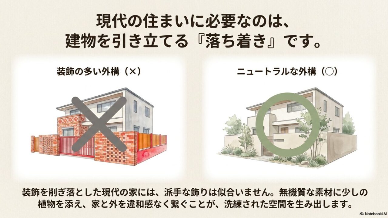 装飾の多い外構とニュートラルな外構の比較イラスト。現代のシンプルな家には、無機質な素材と植物を合わせた落ち着きのある外構が似合うことを説明。