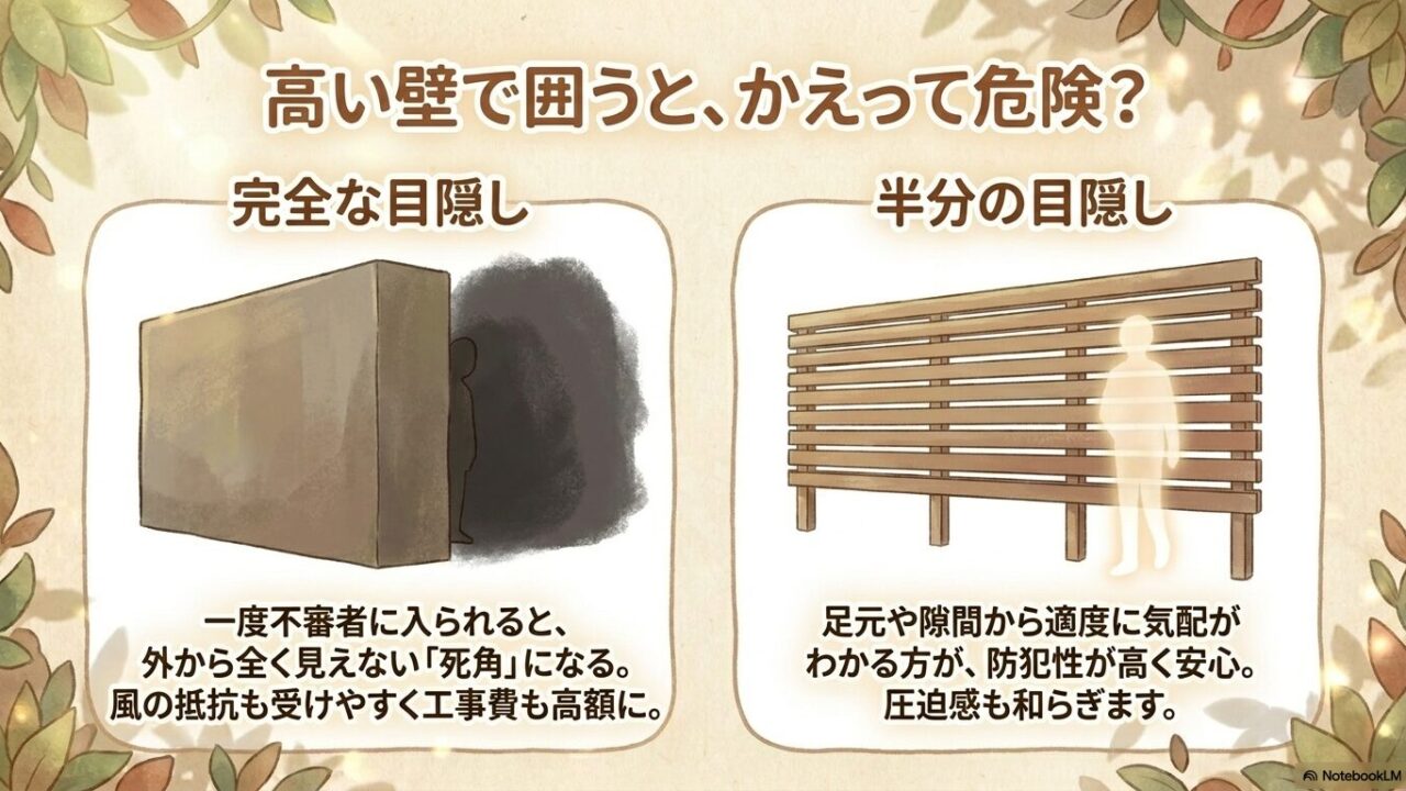 完全な目隠しフェンスが死角を生む危険性と、足元や隙間がある半分の目隠しフェンスが防犯性を高める理由の図解
