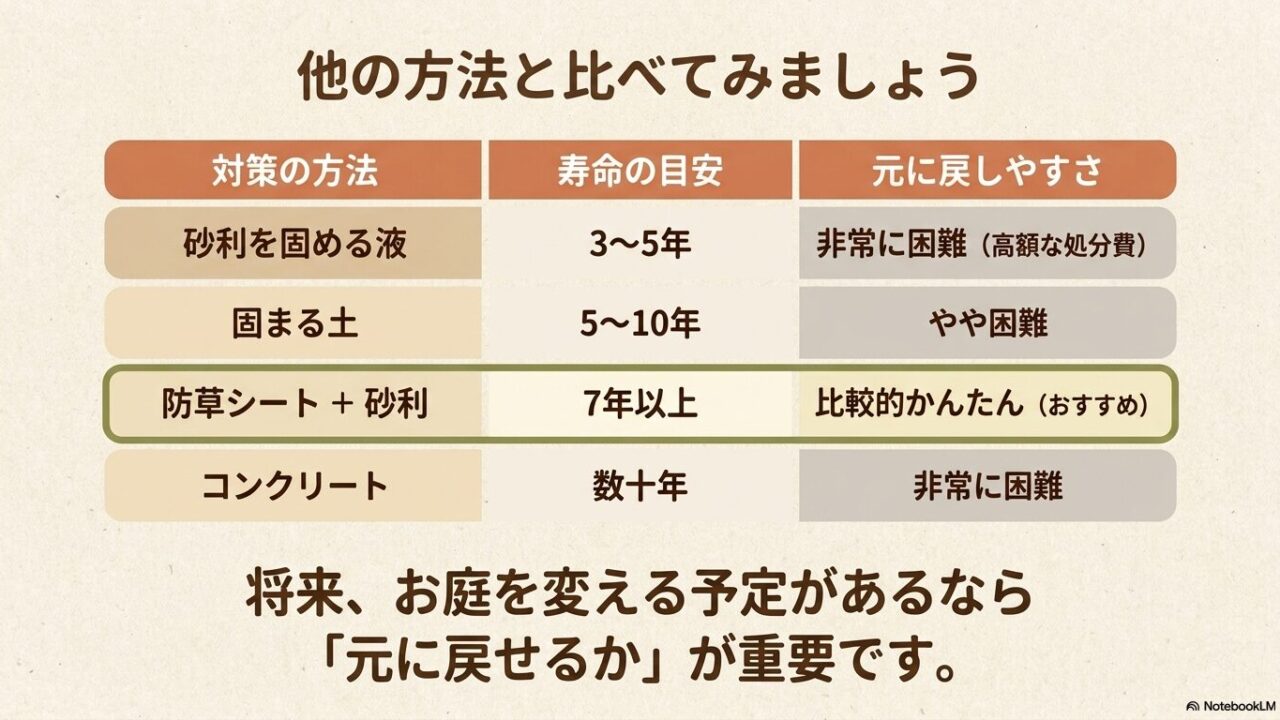 砂利固定剤、固まる土、防草シート、コンクリートの寿命と撤去のしやすさを比較した表