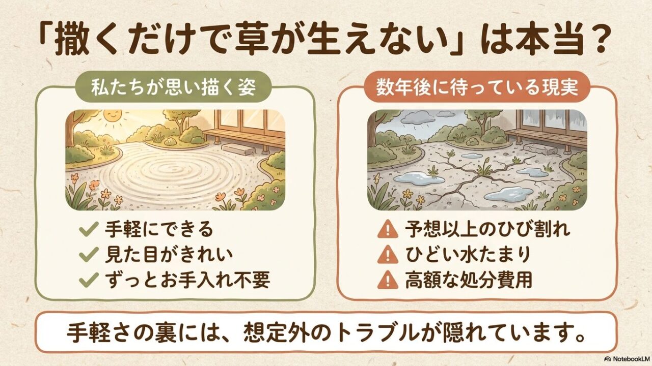 綺麗な枯山水風の庭と、ひび割れて水たまりができた庭の比較イラスト