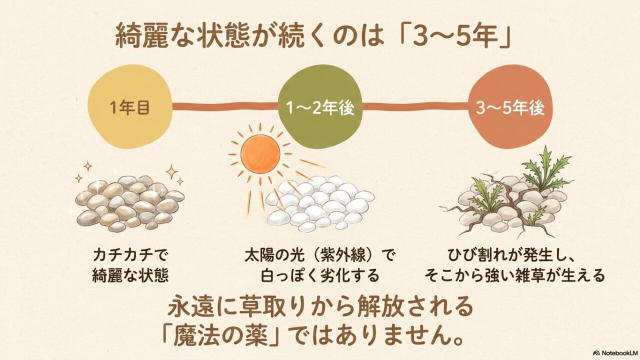 施工から3〜5年経過し、ひび割れた砂利の隙間から雑草が生えているイラスト