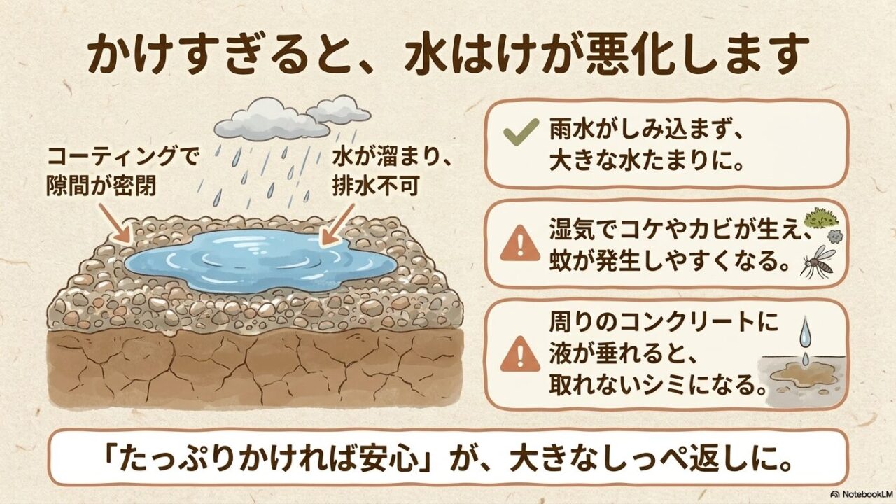 液剤のかけすぎで隙間が密閉され、雨水が染み込まず表面に大きな水たまりができている断面図
