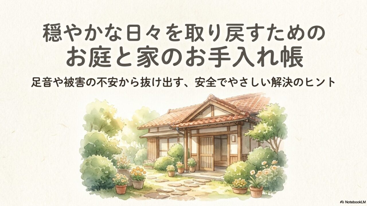 緑豊かな庭と日本家屋のイラストが描かれた、「穏やかな日々を取り戻すためのお庭と家のお手入れ帳」の表紙スライド