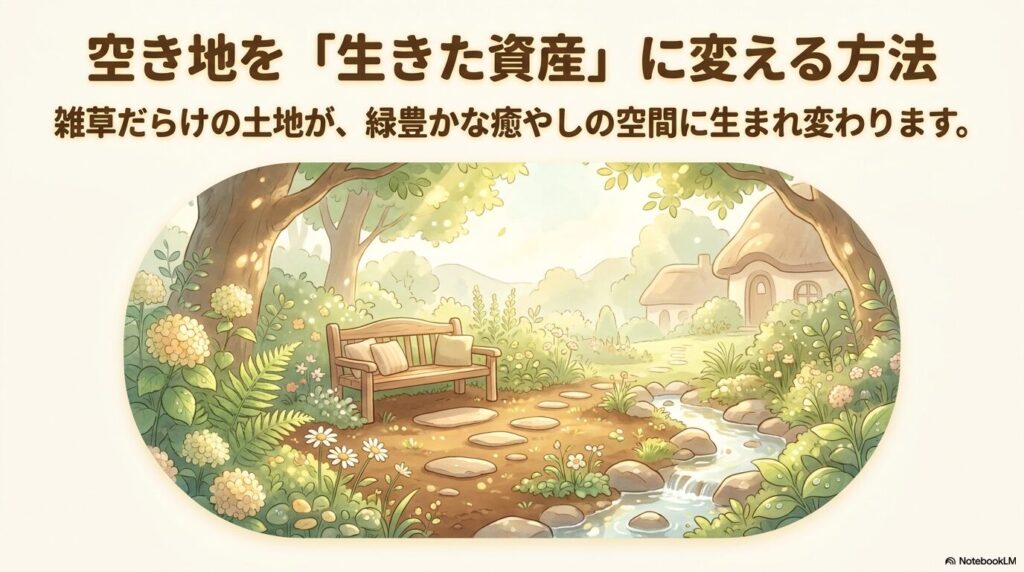 雑草だらけの空き地を緑豊かな癒やしの空間に変えるイメージ