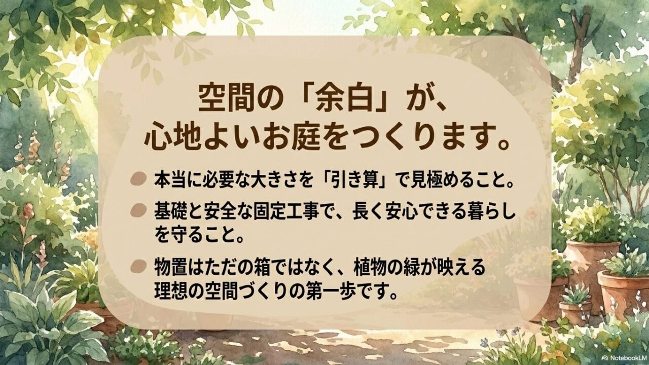 本当に必要な大きさを引き算で見極め、基礎と安全な固定工事で長く安心できる暮らしを守る、植物の緑が映える理想の空間づくり