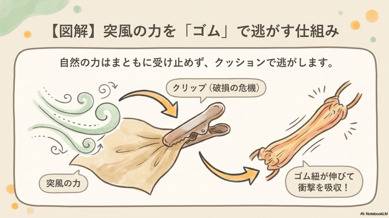 クリップ破損を防ぐため、ゴム紐が伸びて突風の衝撃を吸収する仕組みの図解