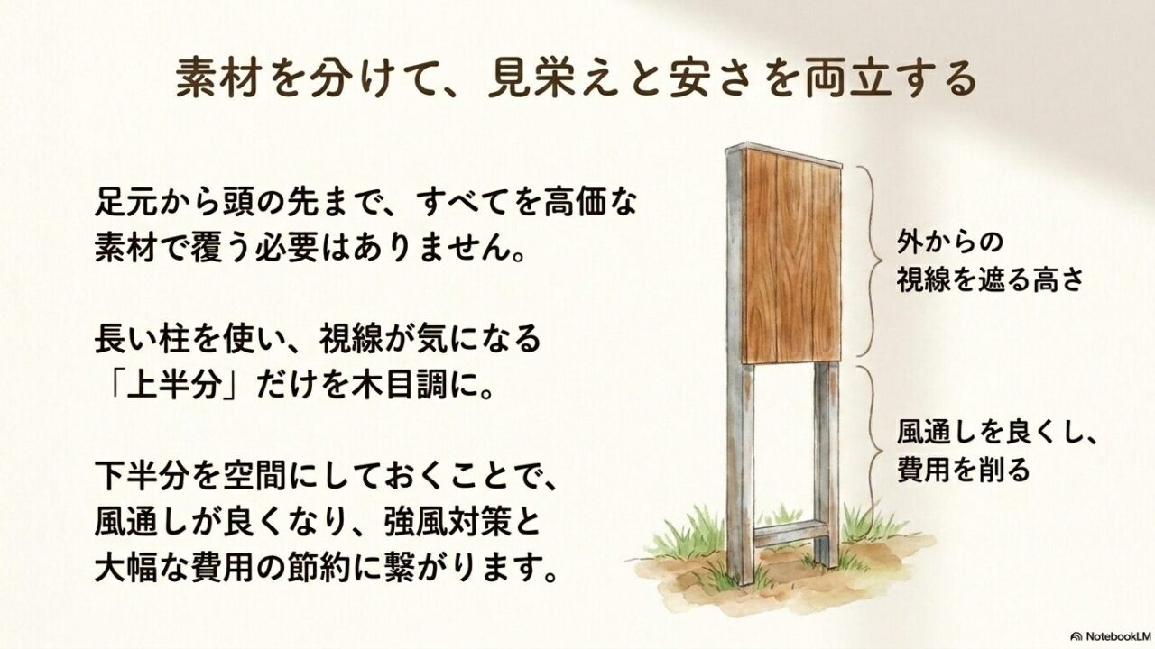 視線が気になる上半分を木目調に、下半分を空間にして風通しと費用の節約を両立するハイブリッドフェンスの図