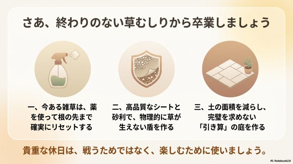 確実なリセット、防草シートの盾、土を減らす引き算の庭という、終わりのない草むしりから卒業する3つのステップ