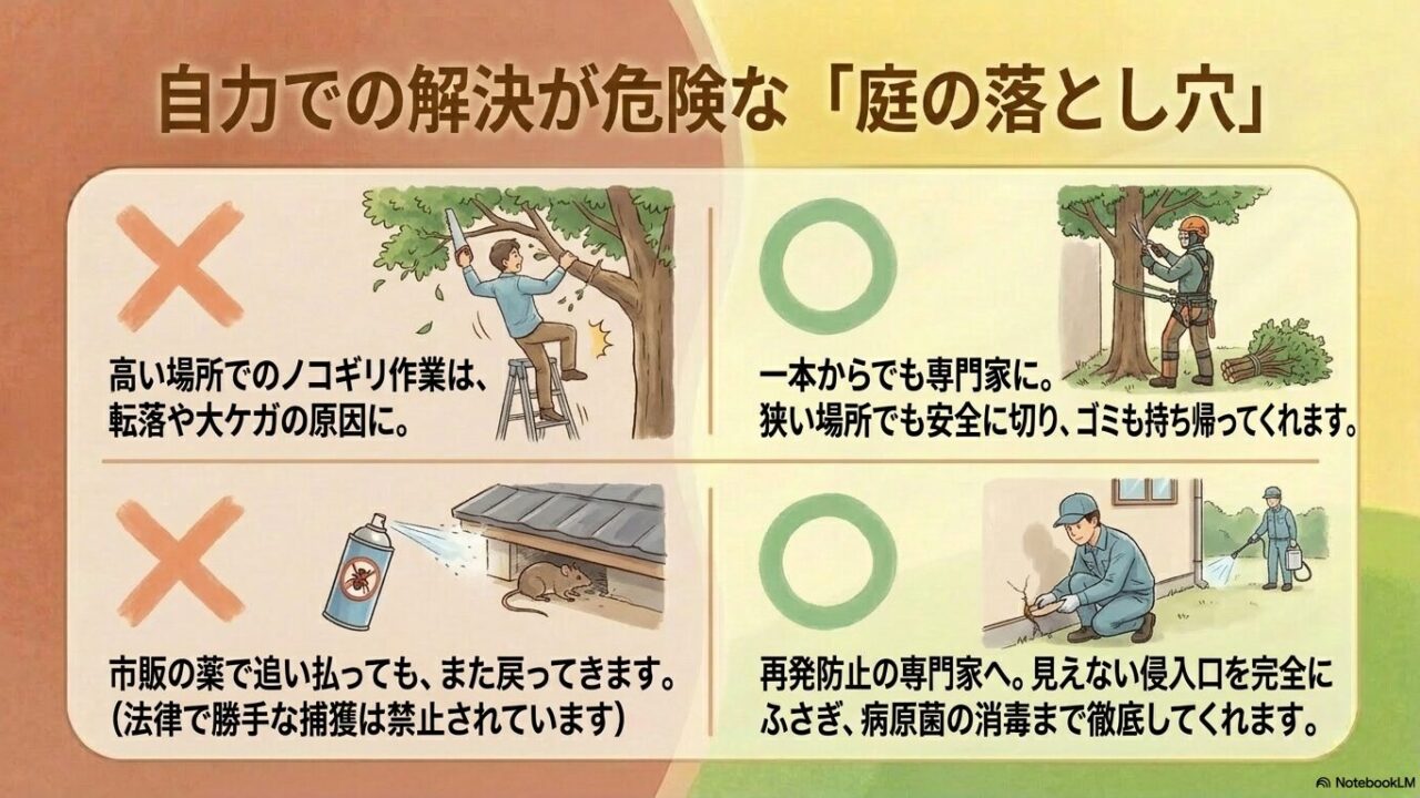 自力での解決が危険な「庭の落とし穴」。高所での木の伐採によるケガの危険性や、自力での害獣駆除の難しさを挙げ、専門家への依頼を推奨しています。