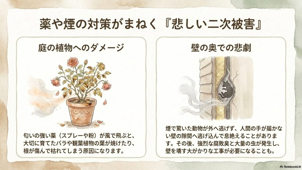 枯れた鉢植えのバラのイラストとともに、忌避剤による植物へのダメージや、煙で驚いた害獣が壁の奥で死んでしまう二次被害の危険性を説明したスライド
