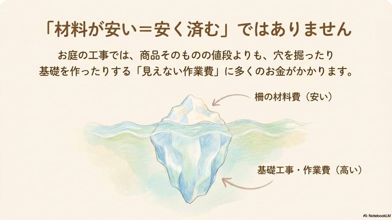 フェンスの材料費よりも穴掘りや基礎工事などの作業費が高くなることの図解