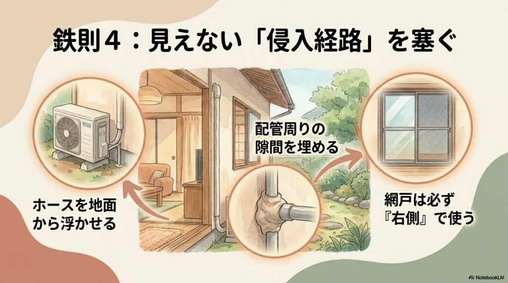 室外機のホースや配管周り、網戸など見えない虫の侵入経路を塞ぐ