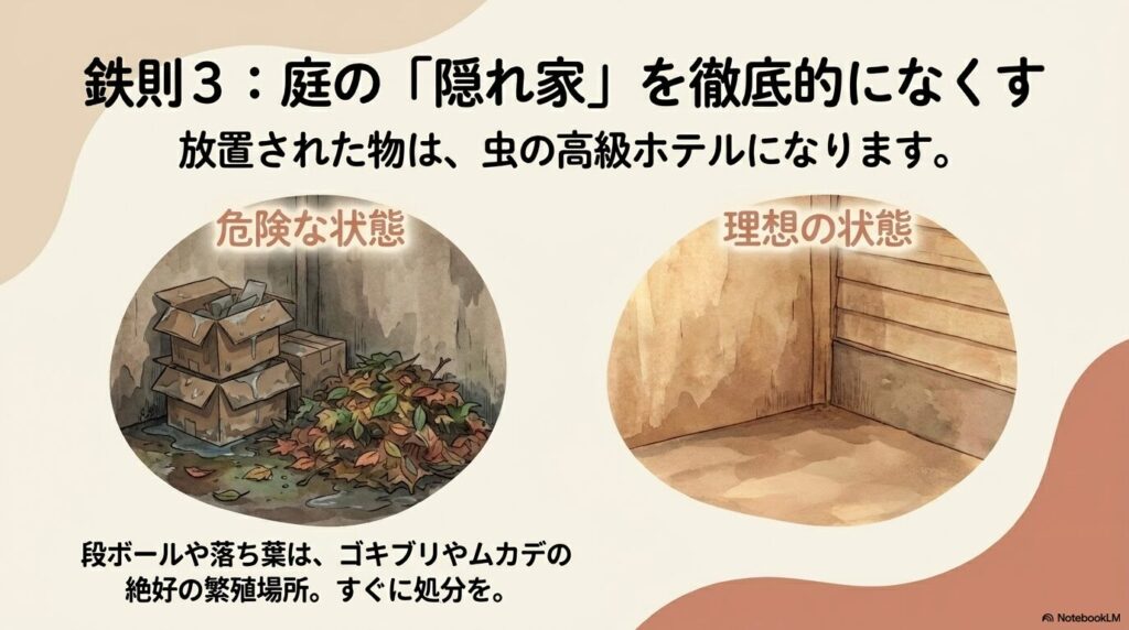 放置された段ボールや落ち葉など、庭にある虫の隠れ家を徹底的になくす