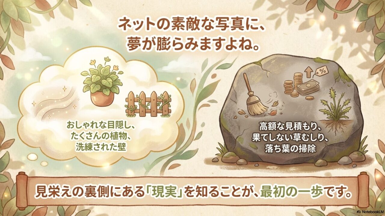 ネットの素敵な写真と、高額な見積もりや草むしりなど見栄えの裏側にある外構の現実の対比
